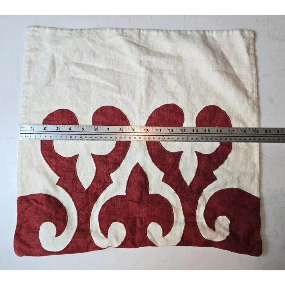 Square Feathers Linen Pillow Cover‎ With Red & White Ornamental Design 20x20